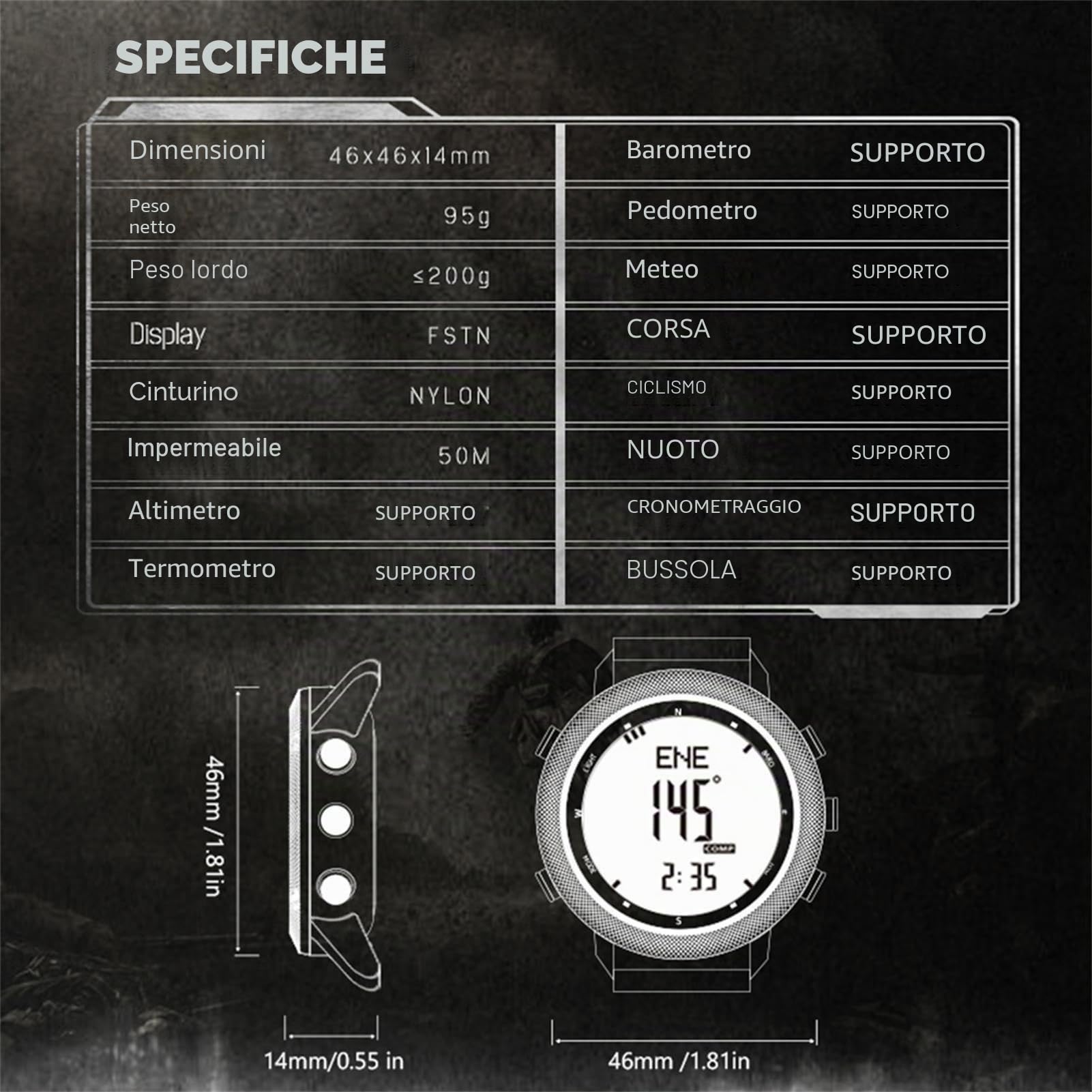 Orologio da Corsa per Uomo, Altimetro Digitale Multifunzionale, Barometro, Bussola, Acciaio Inossidabile