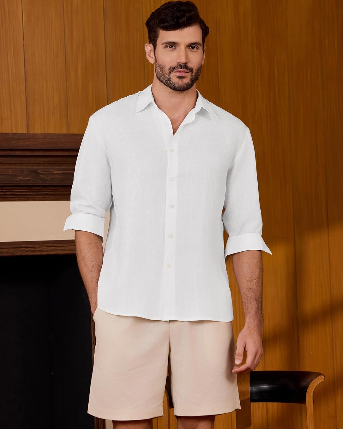 Kallspin Men's 100% Linen Button Down Shirts Classic Breathable Summer Beach Collared Shirts