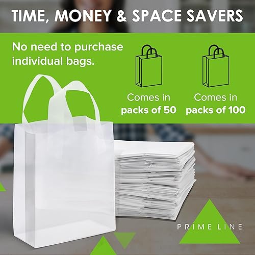 Miniatura 6 de Bolsas de plástico con asas paquete de 50 pequeñas bolsas de regalo blancas esmeriladas con fondo de cartón bolsas de compras transparentes a granel