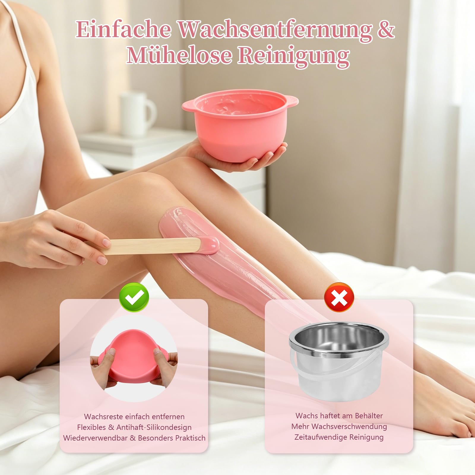 Waxing Set Wax Maschine - Warmwachs Haarentfernung Waxing Kit mit 4X100g Waxing Perlen, Silikonschale, Holzspateln - Wachswärmer Wachskocher für Gesicht, Körper & Intimbereich