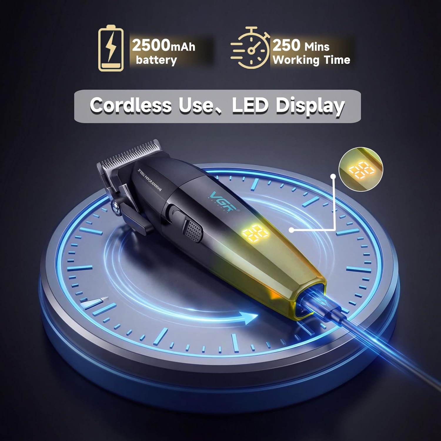VGR 003 Fresh Fade Hair Clipper, Professional Hair Trimmer, Cord/Cordless Rechargeable Hair Cutting Tools with LED Display, 9000 RPM Barber Clippers, Gold