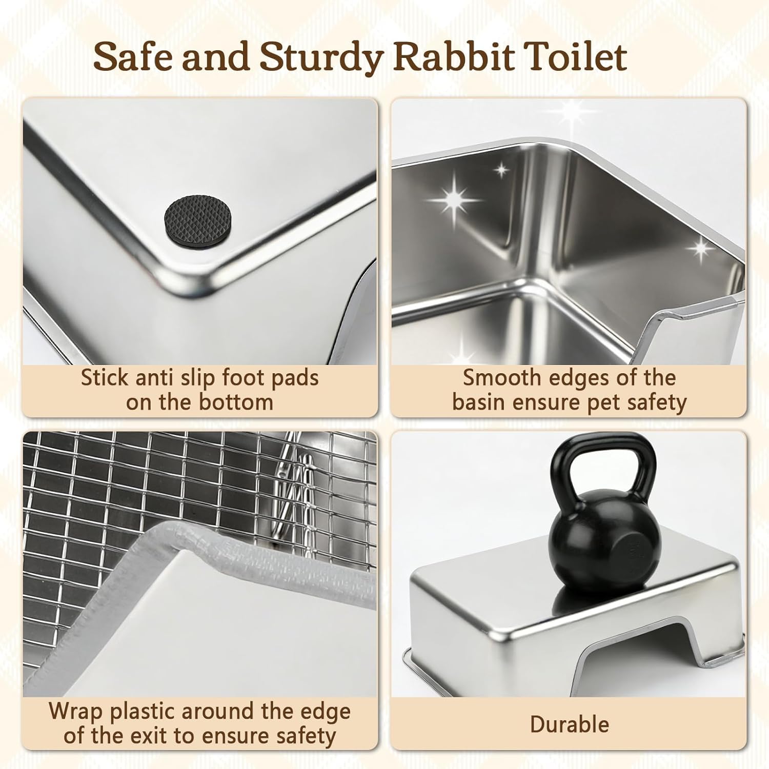 Rypet Large Rabbit Litter Box, Bunny Litter Box High Side with 304 Stainless Steel Sifting Tray, Metal Small Animal Litter Pan with Pet Food Bowl and Water Bottle, Non-Slip Easy to Clean Odor Control