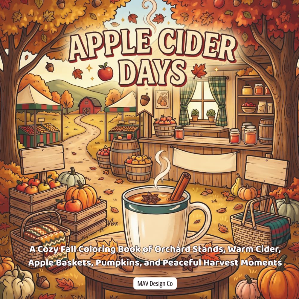 Apple Cider Days: A Cozy Fall Coloring Book of Orchard Stands, Warm Cider, Apple Baskets, Pumpkins, and Peaceful Harvest Moments