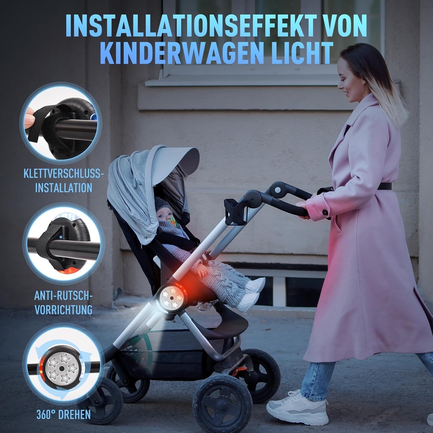 Kinderwagen Licht Aufladbar, Kinderwagenlicht(2 Stück), Kompakt und Wasserdicht, USB Wiederaufladbares Lichts, Passend für Alle Kinderwagen(Schwarz)
