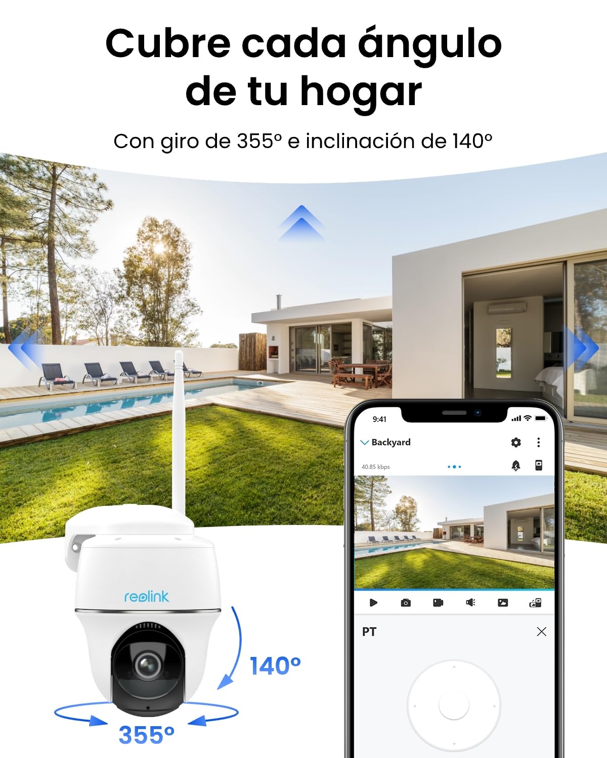 Reolink 4MP Camara Exterior Solar, 355º Pan& 140ºTilt, 2,4/5GHz Wi-Fi | 360° PT, Detección Inteligente, Visión nocturna por infrarrojos 2K, Audio de 2 Via, Sin Cable, Argus PT Plus con Panel Solar