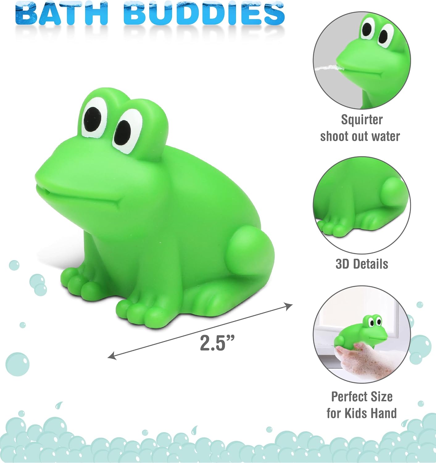 DolliBu Frog Bath Buddy Squirter - Floating Green Frog Rubber Bath Toy, Fun Water Squirting Bathtime Play for Toddlers, Cute & Soft Animal Toy for The Bathtub, Beach & Pool for Girls & Boys - 3 Inch