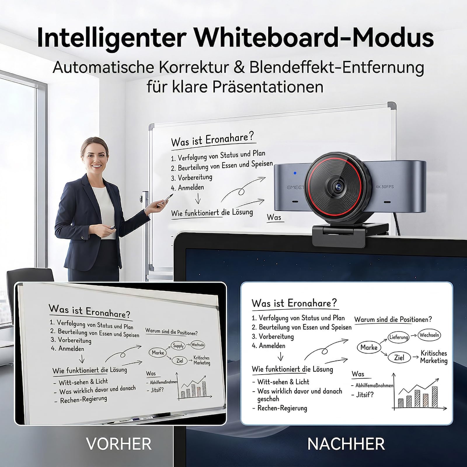 EMEET C960 Ultra Webcam 4k for MAC, USB Web Kamera für Streaming & Teams | 4K UHD 1/1.5" Sensor｜PDAF Fokus｜Alu-Gehäuse & USB-C｜Sichtschutz｜Teams & Whiteboard-Modus｜1080P@60FPS Streaming
