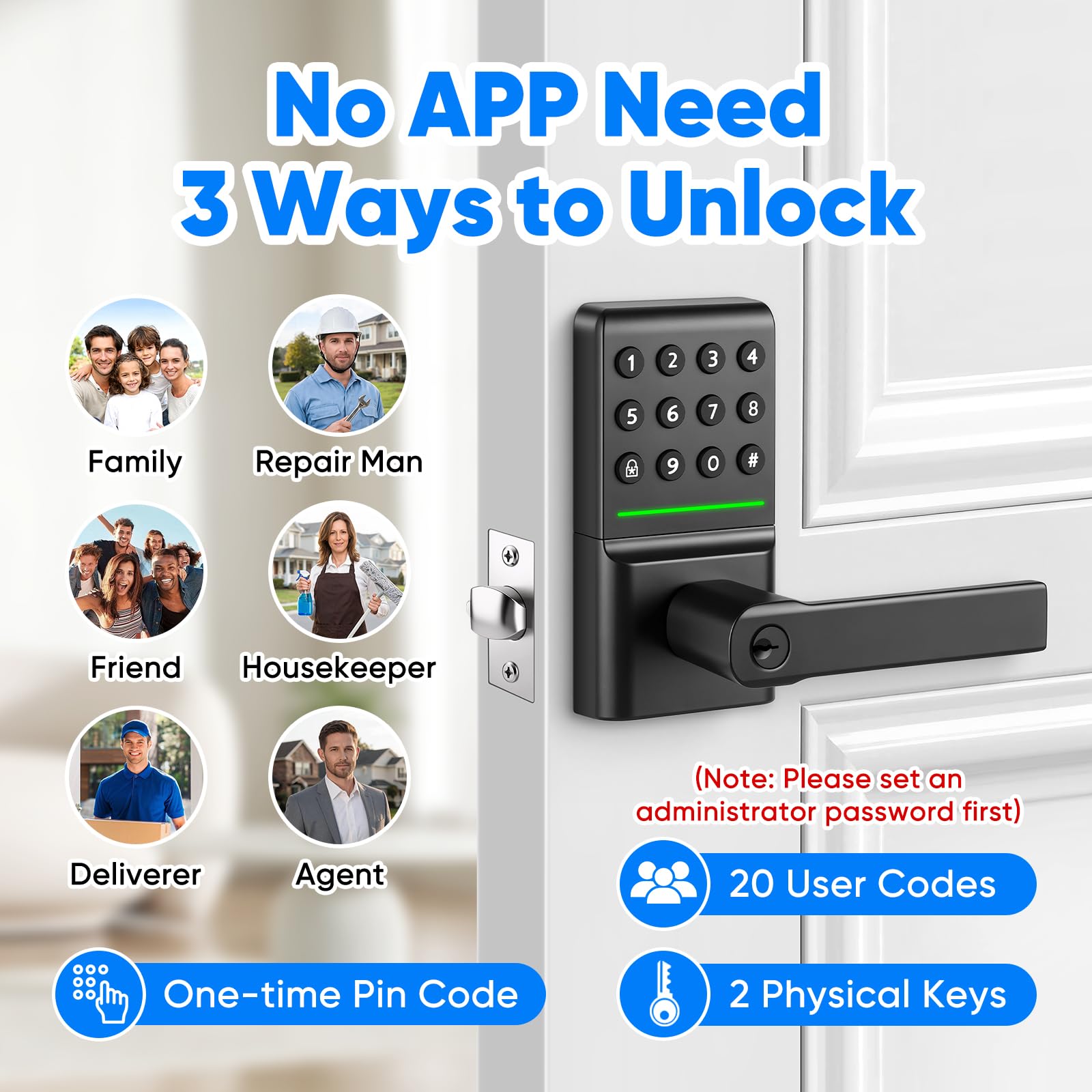 Smart Keyless Entry Door Lock with Keypad, Smart Door Lock No App Required