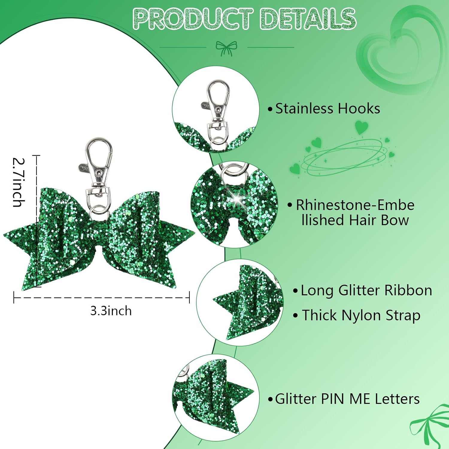 2 PCS Glitter Shiny Charm Keychain for Purse, Wallet, Handbag, Car keys, Handmade Sparkling Glitter Bow 3.3" x 2.7 " - Image 2