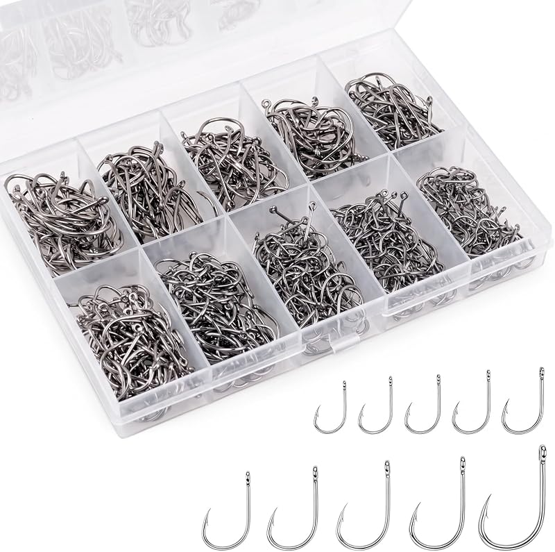 500PCS Barbed Fishing Hooks, 10 Sizes High Carbon Steel Fish Hooks, High Strength & Sharp Point with Plastic Storage Box, Suitable for Freshwater & Saltwater