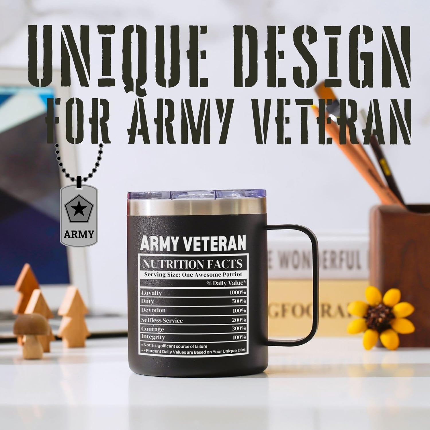 Onebttl Veterans Appreciation Gifts for Men, Nutrition Facts, Funny Coffee Mug for Husband, Dad, Grandpa, 12oz Stainless Steel Tumbler, Black, Army Veteran
