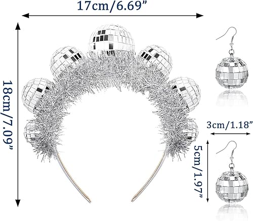 Vista 2 de JIANGLAI Aretes de bola de discoteca y diadema para mujer, aretes de Halloween de los años 70 para mujeres y niñas, disfraz de fiesta