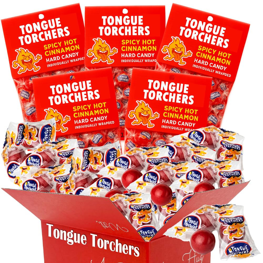 Tongue Torchers Spicy Cinnamon Hard Candy 5 Bag Pack | Fiery Red Hot Individually Wrapped Fireball Sweets | Bulk Old Fashioned Heat Treats
