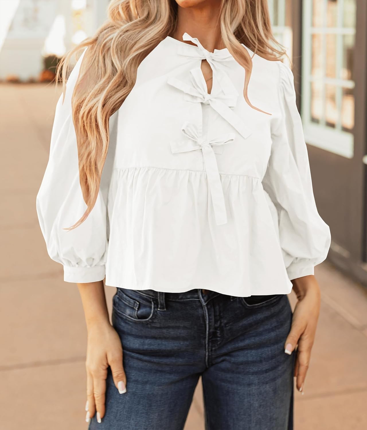 Women's Babydoll Tie Front Tops Puff 3/4 Length Sleeve Cute Casual Summer Peplum Blouses Shirts 2025 - Image 2