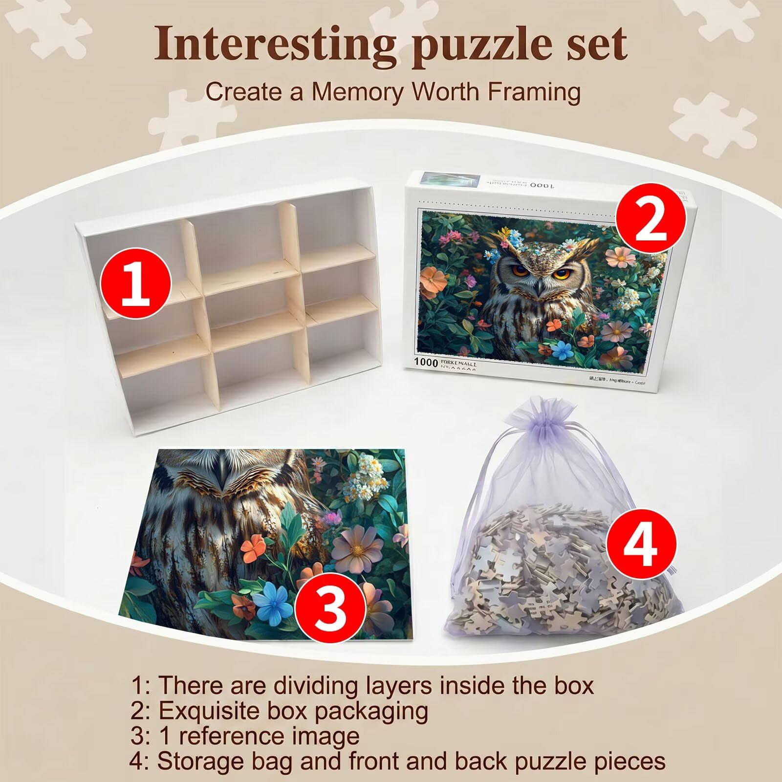 gufo fiore Puzzle 5000 Pezzi per Adulti, Puzzle in Legno - Collezione Classica con Poster Incluso - Sfida di Concentrazione e Passatempo Antistress, Gioco Educativo per Famiglia, 156 x 105 cm f0-720