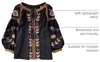 Womens Embroidered Shirt Long Sleeve Peasant Blouse Lantern Sleeve Boho Tops V Neck Loose Lightweight Casual Tunic