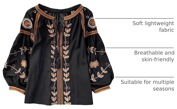 Womens Embroidered Shirt Long Sleeve Peasant Blouse Lantern Sleeve Boho Tops V Neck Loose Lightweight Casual Tunic
