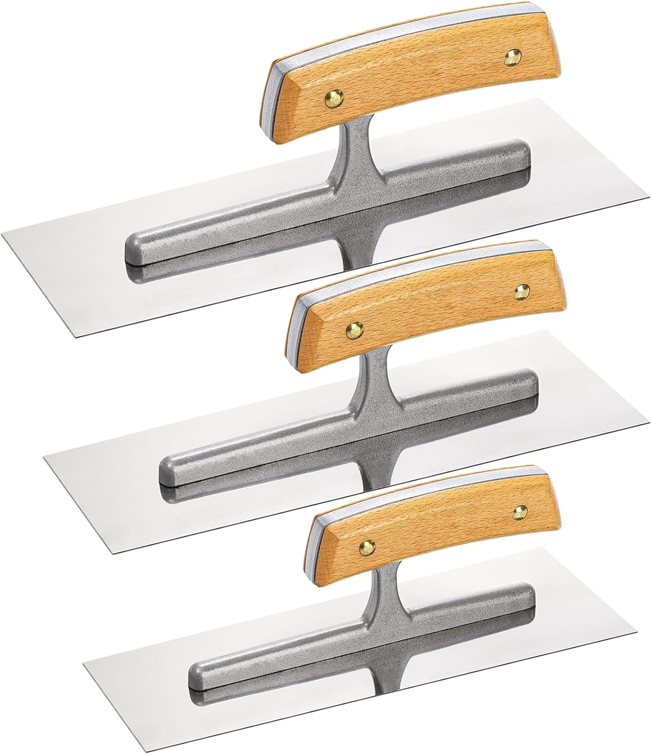 Peohud 3 Pieces Flat Drywall Trowel, Stainless Steel Plastering Trowel, Masonry Finishing Trowel Sets with Wood Handle for Concrete, Cement Peohud 3 Pieces Flat Drywall Trowel, Stainless Steel Plastering Trowel, Masonry Finishing Trowel Sets with Wood Handle for Concrete, Cement