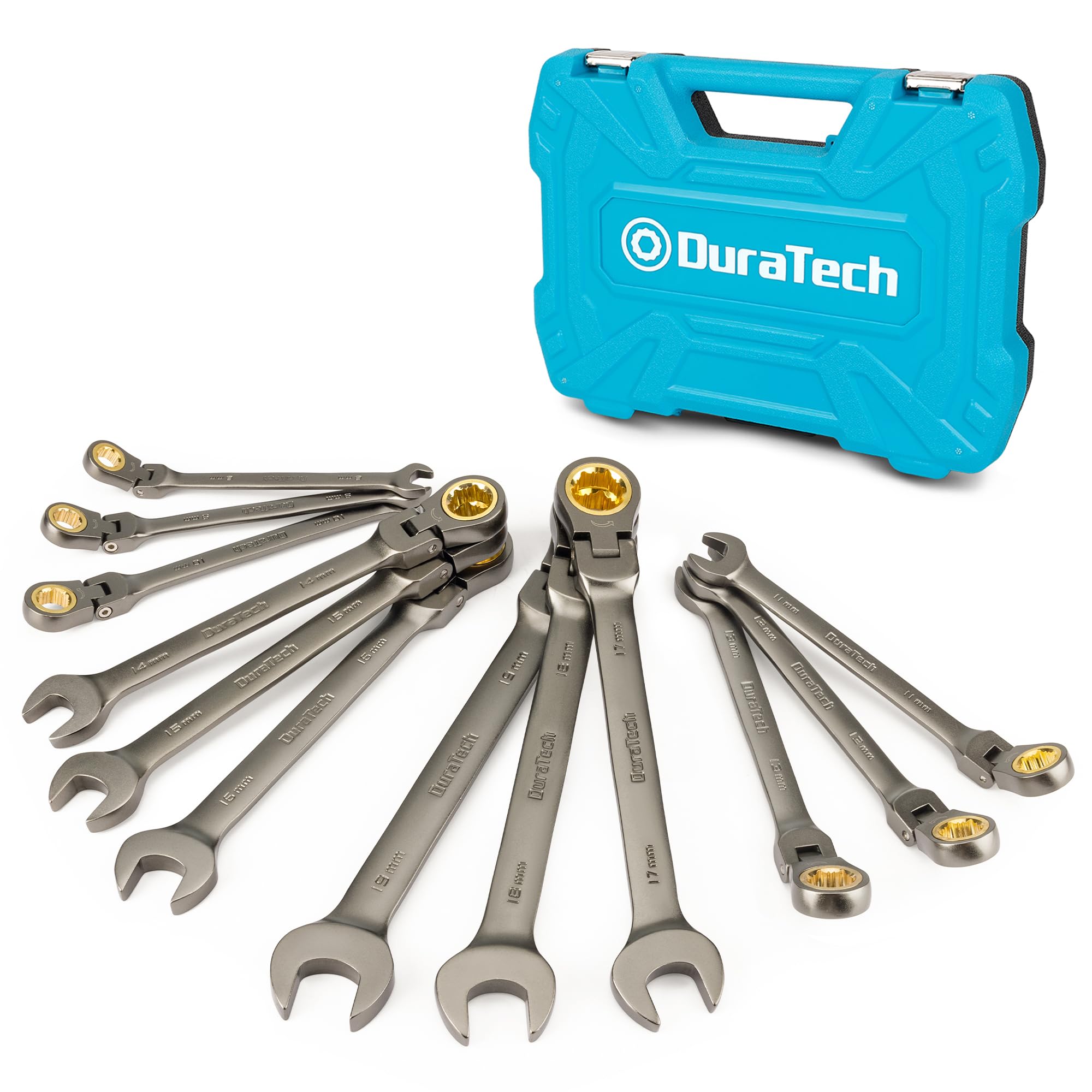 DURATECH Juego de llaves de trinquete con cabeza flexible antideslizante, juego de llaves combinadas, 12 piezas, 72 dientes, métricas, 8-19 mm, acero CR-V, organizadas en estuche de almacenamiento