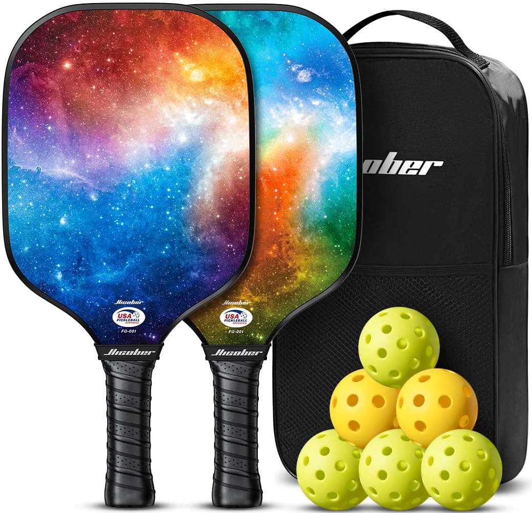Hicober for Pickleball Paddles Set of 2,USAPA Approved Pickleball Rackets with 6 Balls,Fiberglass Surface Paddles for Men and Women Orange Blue Mix