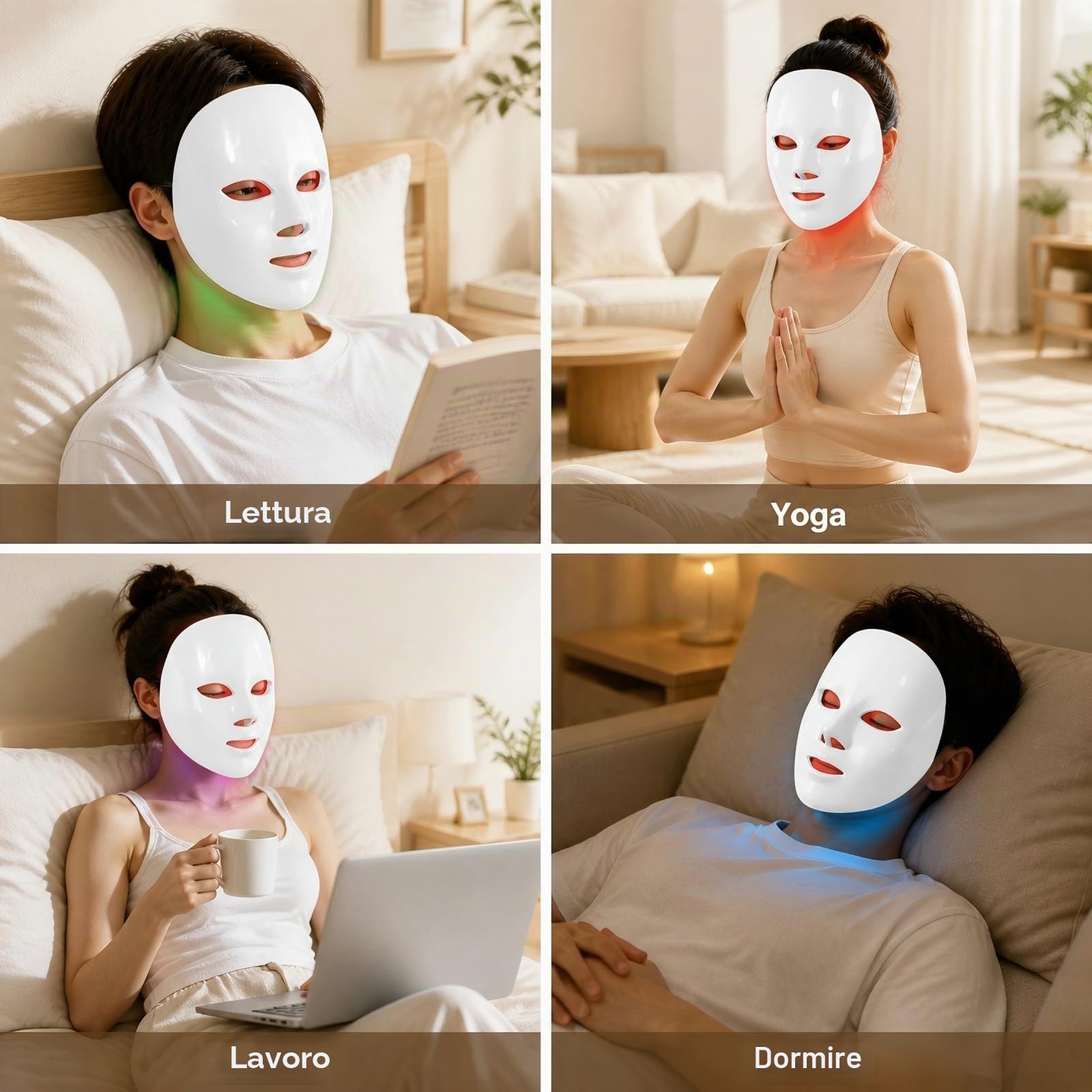 Maschera Viso LED 7 Colori Portatile con Controller Cablato Intensità Regolabile Silicone Morbido Cura Viso Casa Viaggio