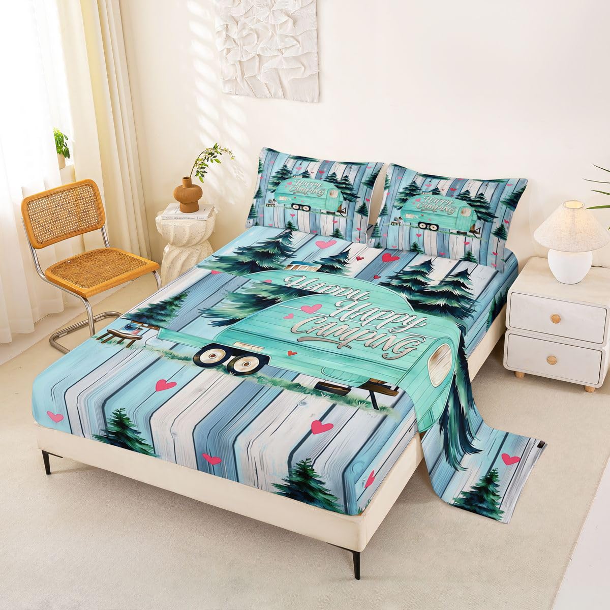 Homewish Turkusowy kamper rv prześcieradła podwójne szczęśliwy zestaw prześcieradeł kempingowych vintage drewniana deska zestaw pościeli - różowe serce miłosne dopasowane płaskie prześcieradła 4
