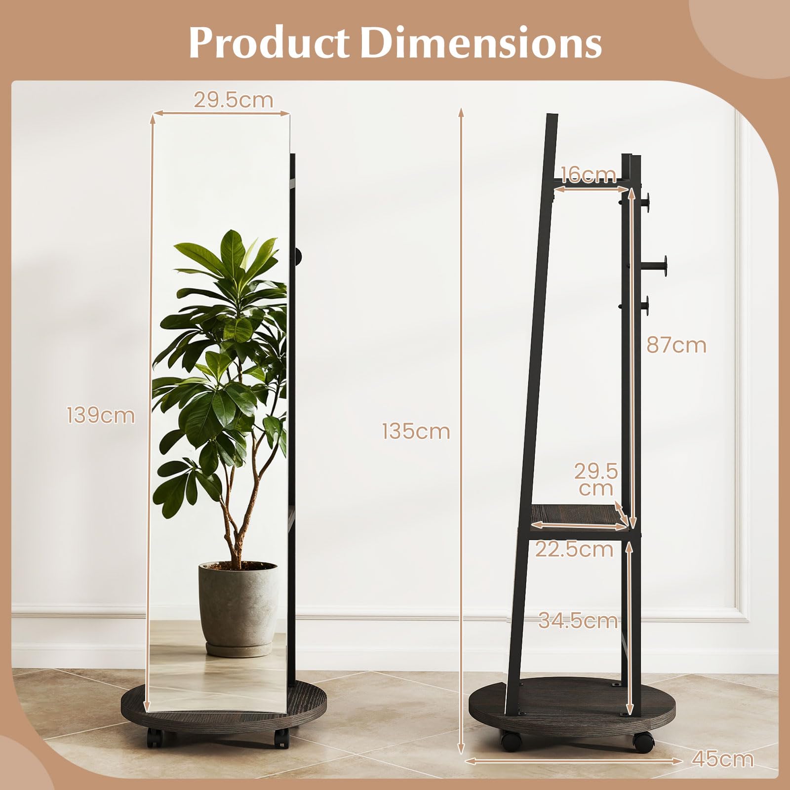 GIANTEX Specchio a figura intera, specchio da terra con appendiabiti, 45 x 135 cm, grande specchio con vetro infrangibile, ganci, ripiani, ruote, per ingresso, soggiorno, camera da letto (nero+noce)