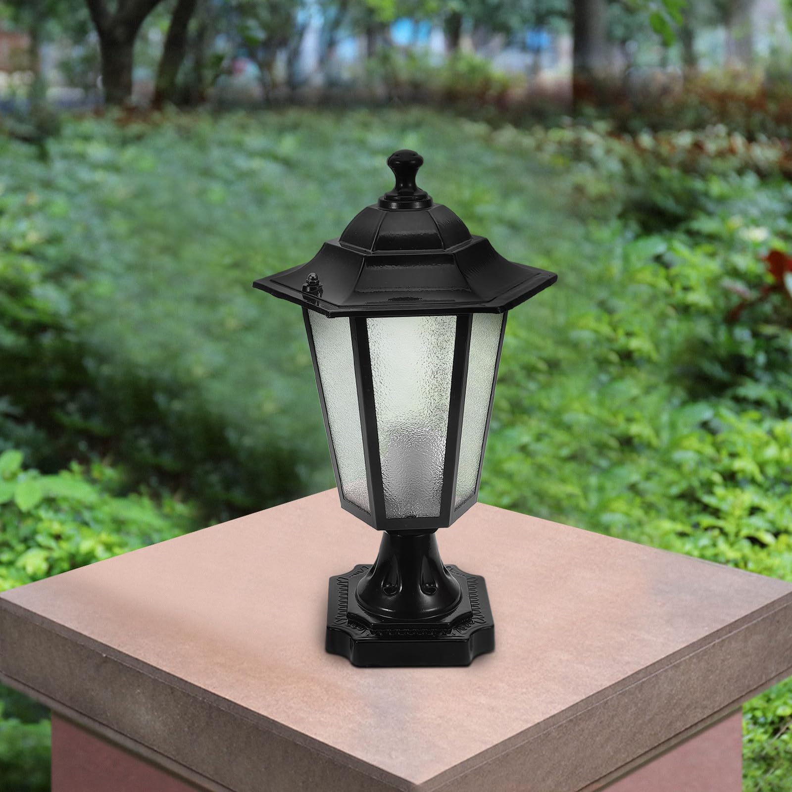 CANIGHT Lampada da Pilastro in Metallo e Vetro Esterno Nera Esagonale