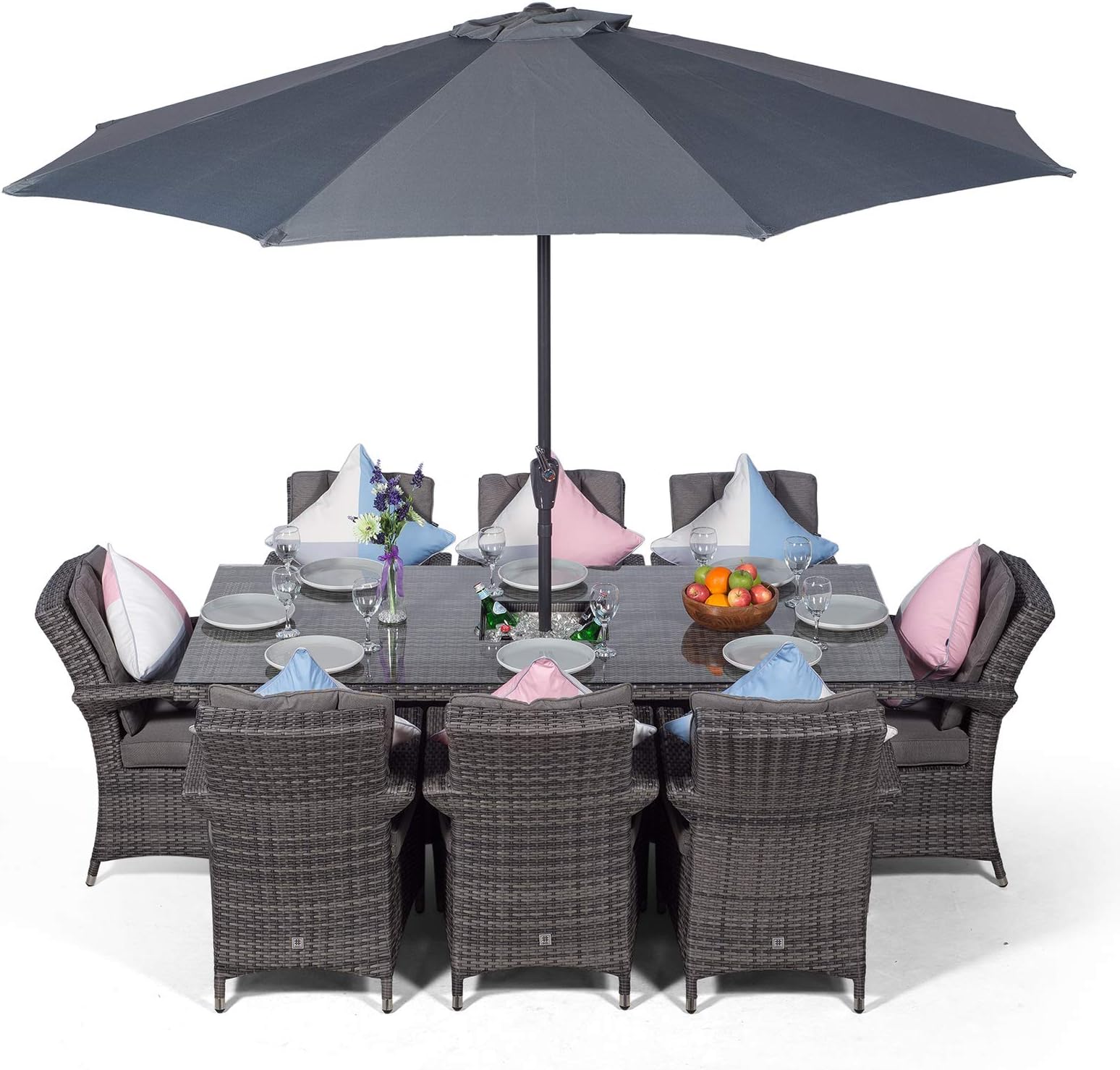 Arizona Large Rattan Dining Set | Luxury Rectangular 8 Seater Grey Rattan Table & Chairs Set with Ice Bucket Drinks Cooler | Outdoor Poly Rattan Garden Dining Furniture Set with Parasol & Cover