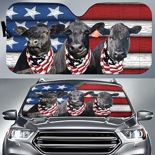 Farm Car Sunshade Cover, Black Angus Cattles United States Flag Pattern Auto Sun Shade, Funny Interior Accessories Idea for Car Decoration and UV Protection