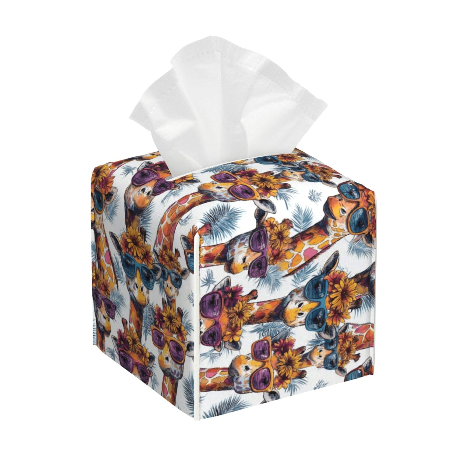 Tropical Cool Sunglasses Giraffe Print Tissue Box Cover Holder Square, Foldable Modern Cube Tissue Box Cover, Leather Decorative Organizer for Tabletop Bathroom Car Office Desk Decor