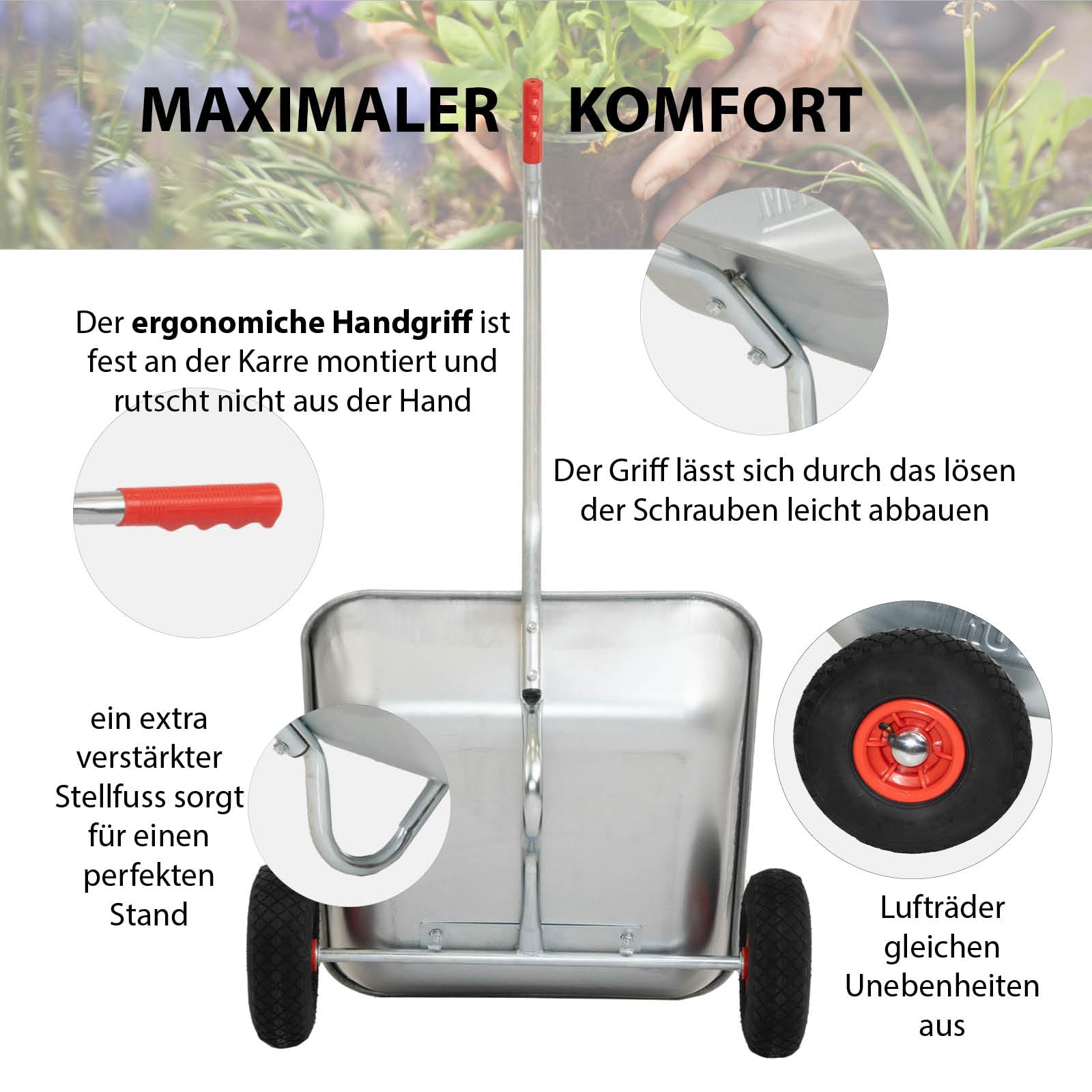 TRUTZHOLM Schubkarre Einhandkarre Friedhofskarre Pflanzkarre Gartenkarre Handwagen Traglast 100 kg Volumen 75 L mit Luft- oder Vollgummireifen (Luftreifen)