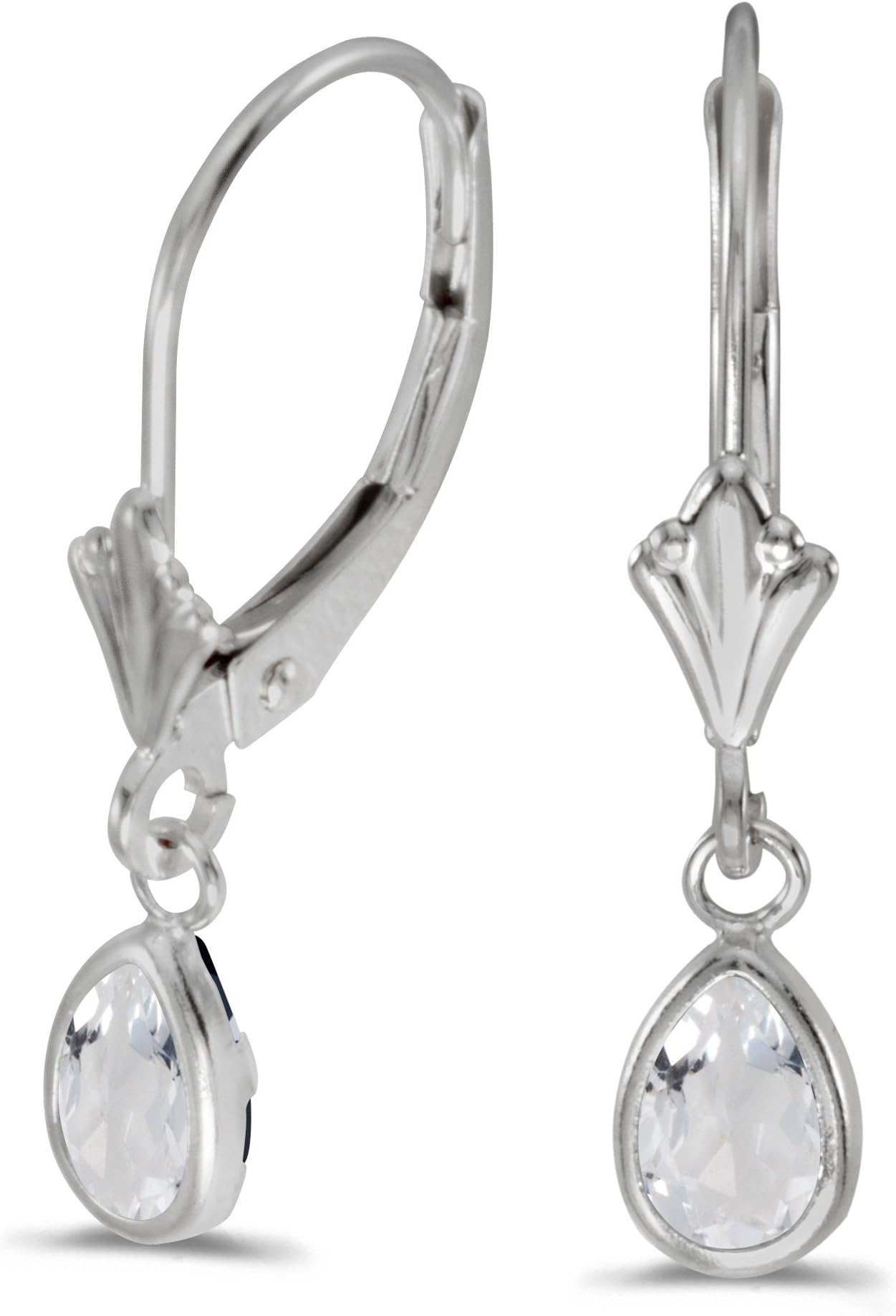 14k White Gold Pear White Topaz Bezel Lever-back Earrings