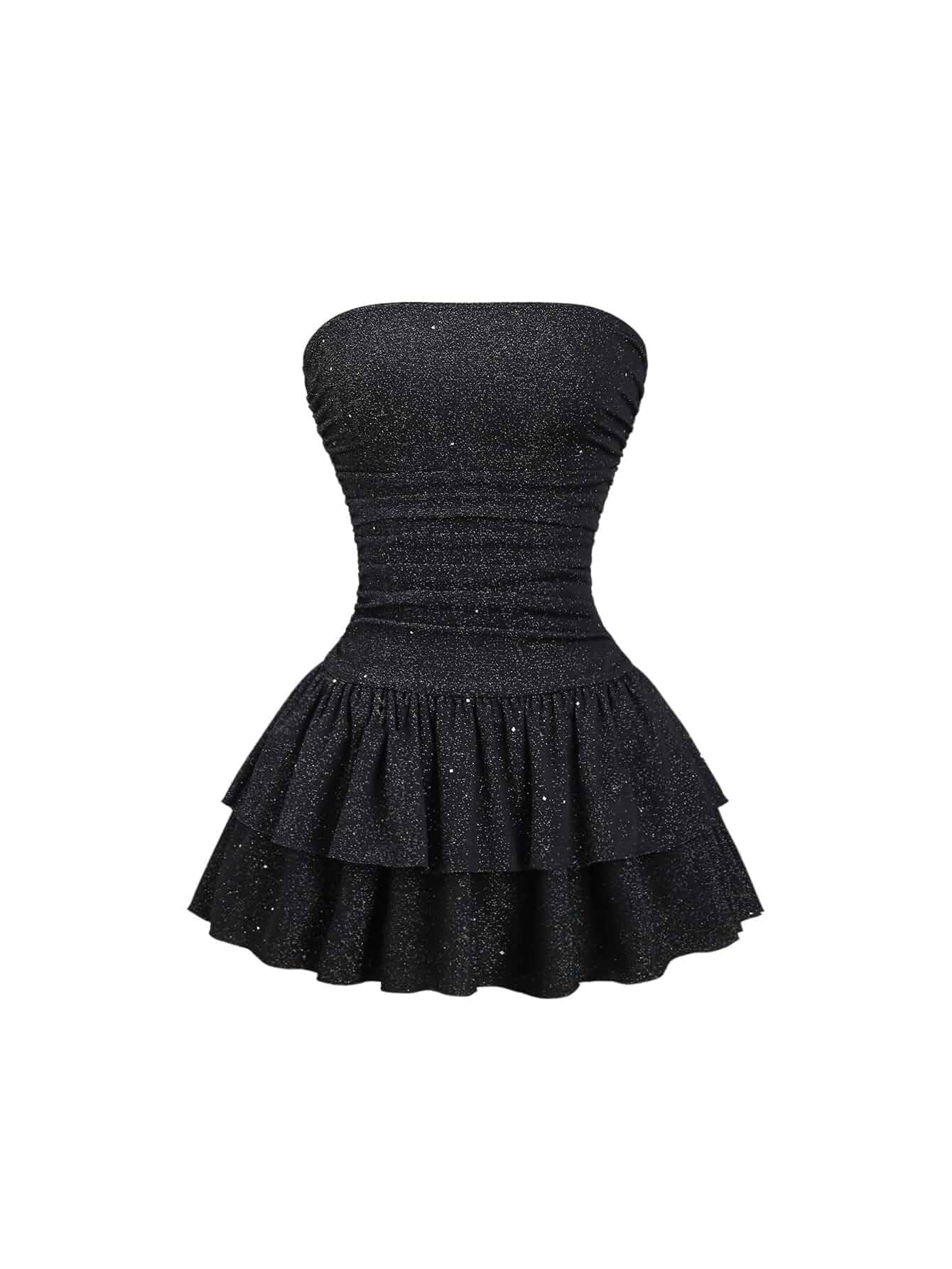 Floerns Women's Rhinestone Strapless Tube Dress Ruched Layered Ruffle Party Mini Dresses