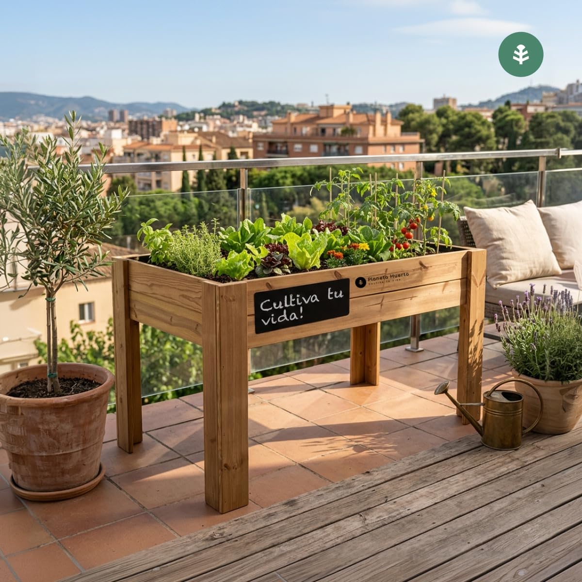 Planeta HUERTO | Mesa de Cultivo de Madera FSC 160x80x80 cm, Huerto Urbano Elevado con Malla Geotextil, Capacidad 220 L y Pizarra Personalizable - Mesa de Cultivo Ideal para Terraza y Jardín
