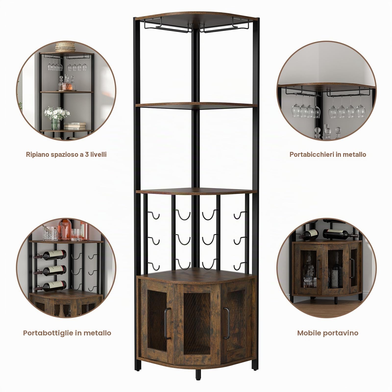 Mobile Bar Angolo con Portabicchieri, Armadio per Liquori e Vino a 4 Livelli con Porte in Rete Metallica, Armadio Buffet Portabottiglie con Kit Antiribaltamento per Bar a Casa, Conservazione