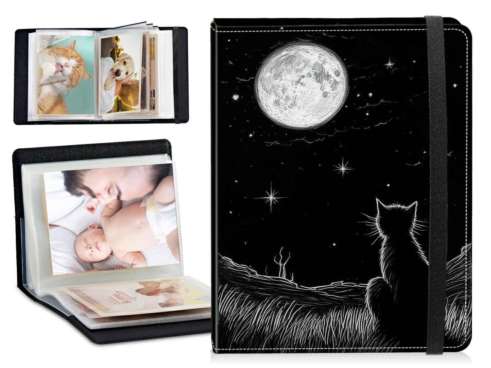 Small Photo Album 4x6 Shows 120 Photos, Cat Moon PU Leather Mini Picture Binder Albums Photo Books with 60 Sleeves, Photo Protector w/Elastic Band for Family Wedding Baby Pets