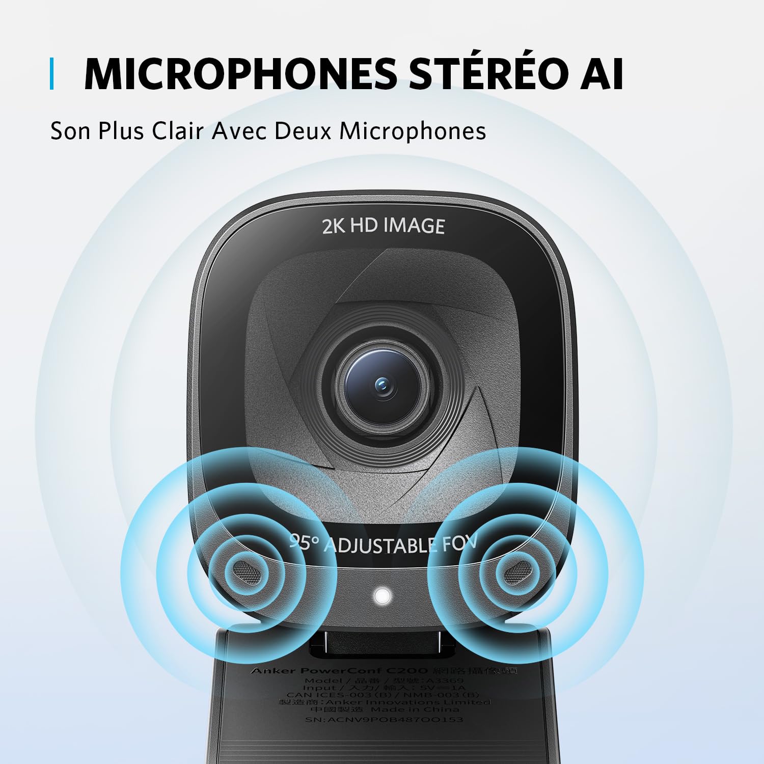 Anker PowerConf C200 Webcam USB 2K pour Ordinateur Portable, Microphones avec Réduction du Bruit et IA, Stéréo, Angle de Vision Réglable