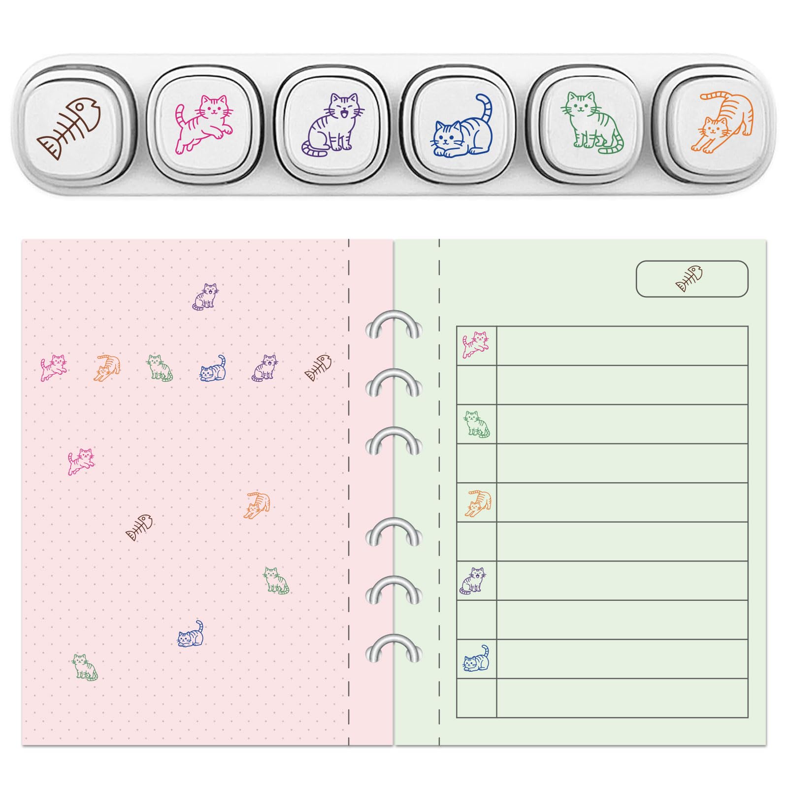 GLOBLELAND 6 Pcs 6 Styles Cute Cats Self Inking Stamps for Grading Kitten Plastic Stamp Set Animals Fish Bone Mini Stamps for Drawing Journaling Art Crafts Birthday Party Favor Carnival Prizes