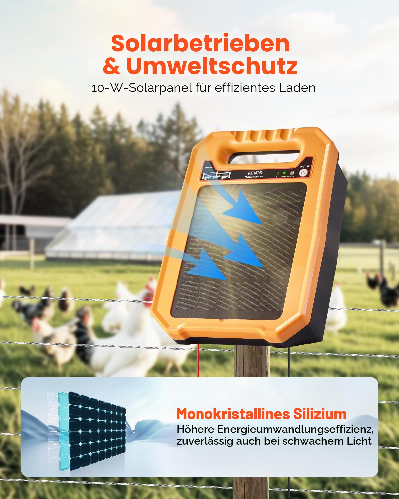 VEVOR Weidezaungerät, 0,3 J, Elektrozaungerät 8 kV, solarbetriebenes Zaunladegerät, 3 km Reichweite, wetterfestes Elektrozaun-Energizer-Set, 7 Tage Laufzeit, für Vieh, Geflügel, Gartenschutz