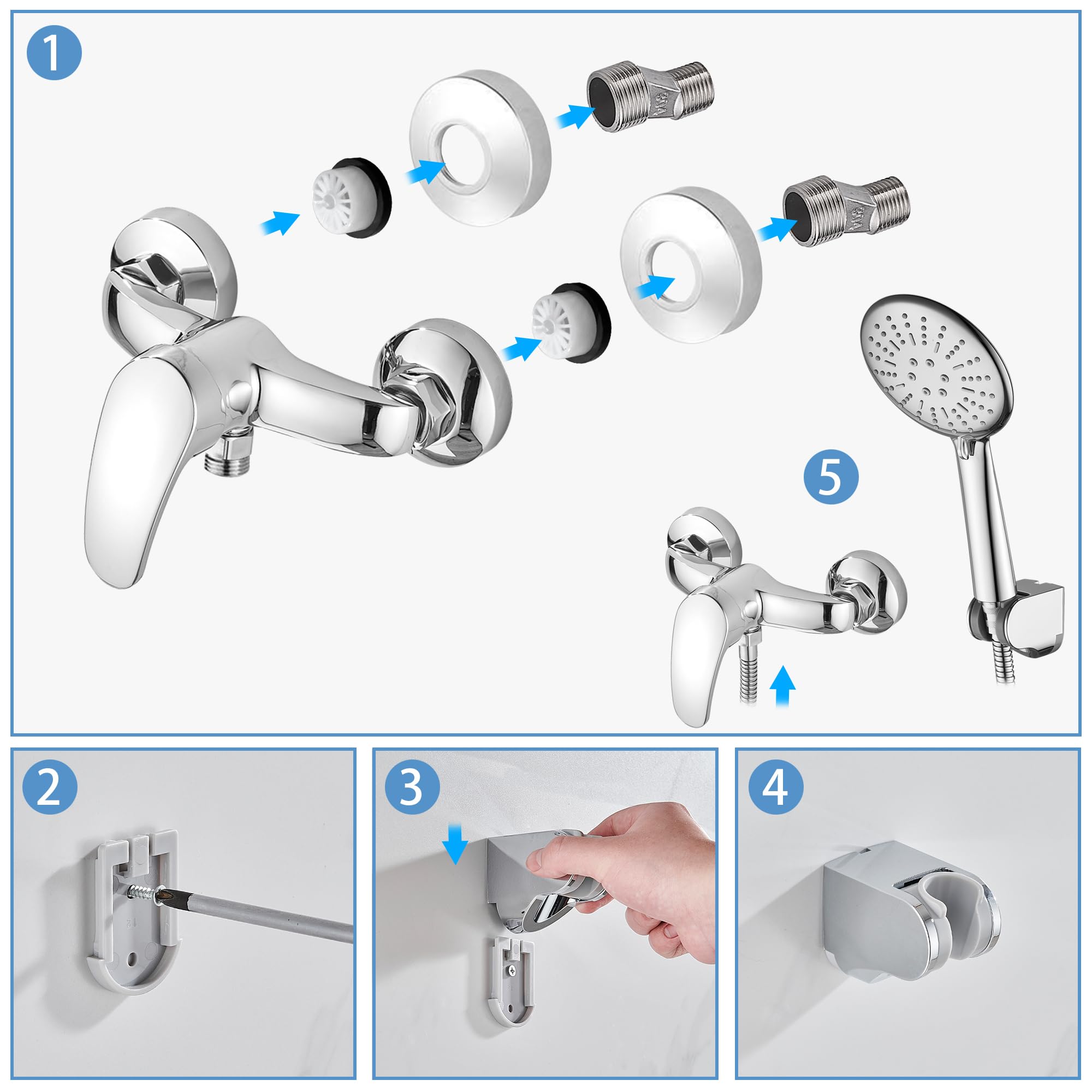 Rubinetto Doccia Monocomando con Soffione Doccia Supporto e Tubo - Miscelatore Doccia Esterno senza Beccuccio, Flessibile Doccia Acciaio Inox 150cm, Doccetta con 3 Funzioni - Argento Cromato