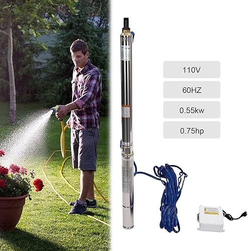 Miniatura 2 de Bomba de pozo profundo, bomba de pozo sumergible de 550 W 0.75 HP con cable de 65.62 pies, 110 V 60 Hz 1 pulgada tamaño de salida de agua para riego