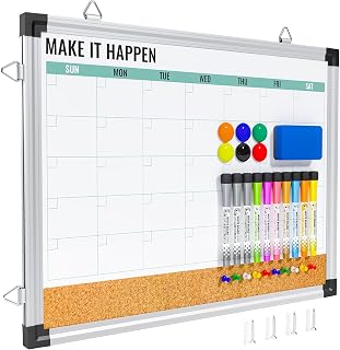 Marsrock Monthly Dry Erase Board, 17"x13", Double Sided, Green | Cork surface combo, white board, aluminum frame, reversible hanging, for home office school kitchen, wall mounted