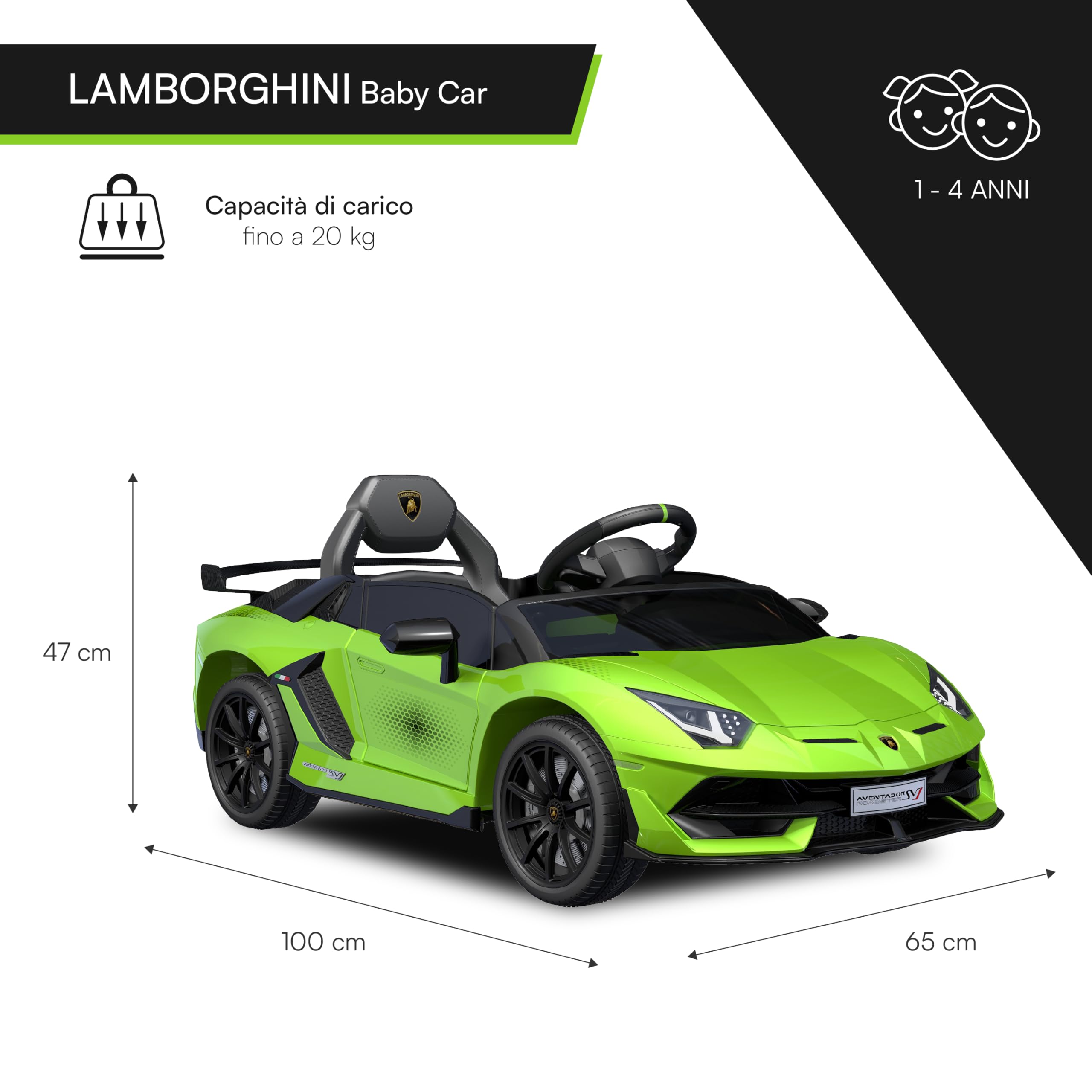 Baroni Toys Lamborghini Baby Car Elettrica 6V con Telecomando Genitori, Suoni, MP3, Retromarcia, Auto per Bambini 1-4 Anni, 100x60x50 cm Verde