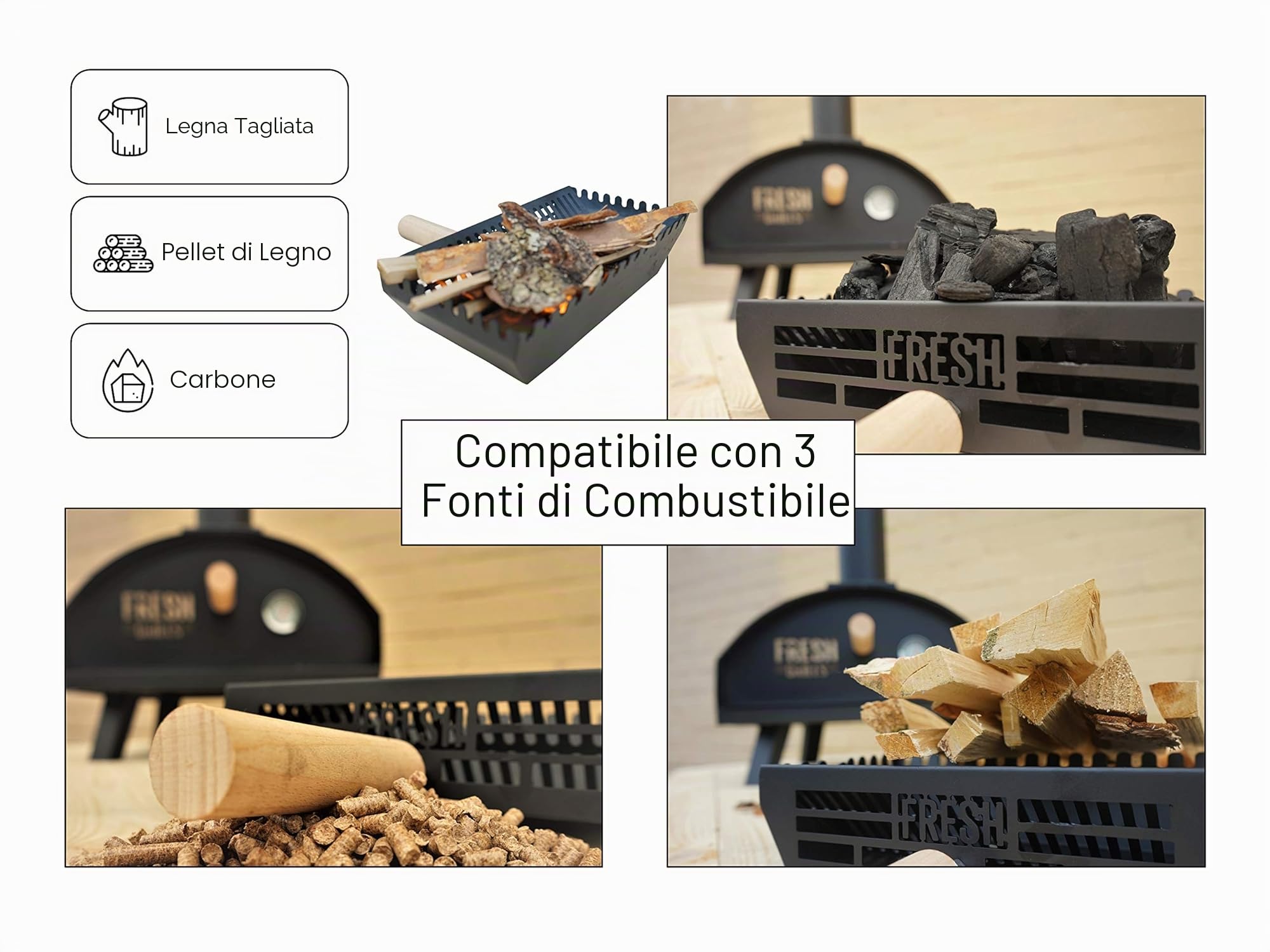 Forno da tavolo per pizza all'aperto 35cm 60 secondi di cottura a doppia parete Portatile Termometro incorporato Multi-Fuel Legno Carbone Pellet Autentiche pizze cotte su pietra 500°C Acciaio Argento