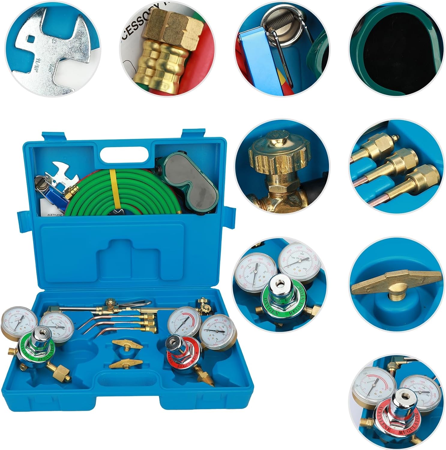 Oxygen Acetylene Torch Kit with Toolbox, Professional Portable Long Hose Brass Nozzle Welding Torch Kit with Soldering Accessories for Iron or Steel Welding, Plus Brazing, Cutting Blue