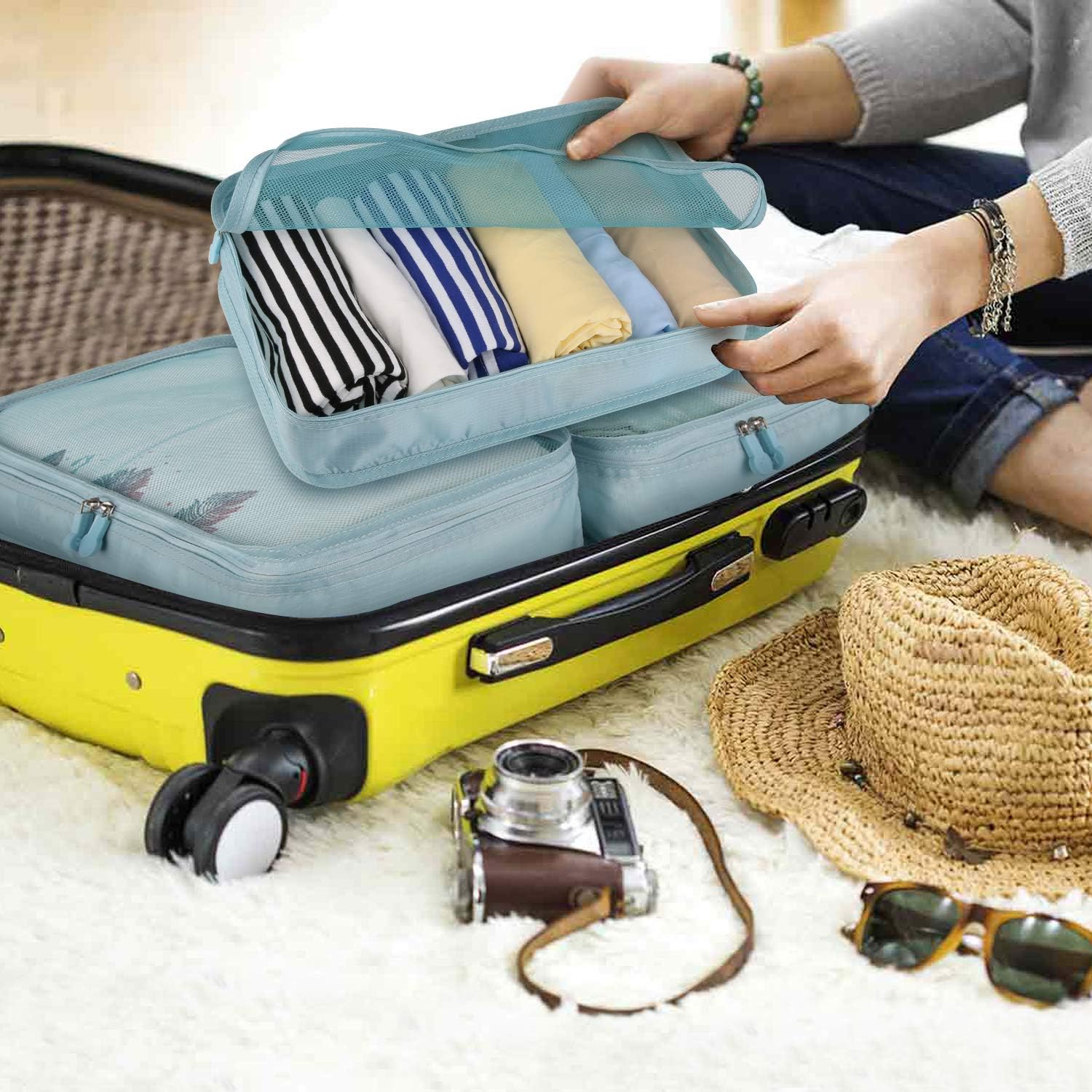 Packing Cubes for Travel, 8Pcs Travel Cubes Set Foldable Suitcase Organizer Lightweight Luggage Storage Bag (Blue) : Clothing, Shoes & Jewelry