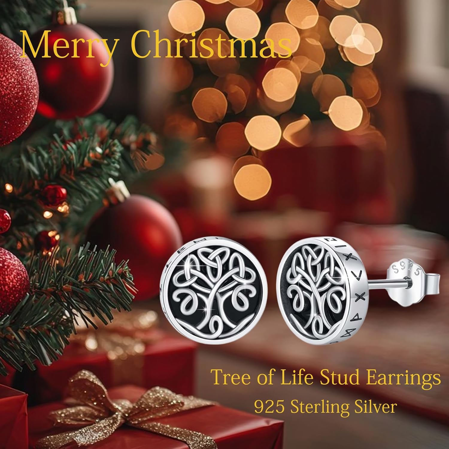 Black Onyx Stud Earrings for Men 925 Sterling Silver Viking Rune Tree of Life/Celtic Knot/Cat/Eye of Horus Earring Nordic Rune Viking Jewelry Gifts for Christmas Birthday Father's Day New Year - Image 2