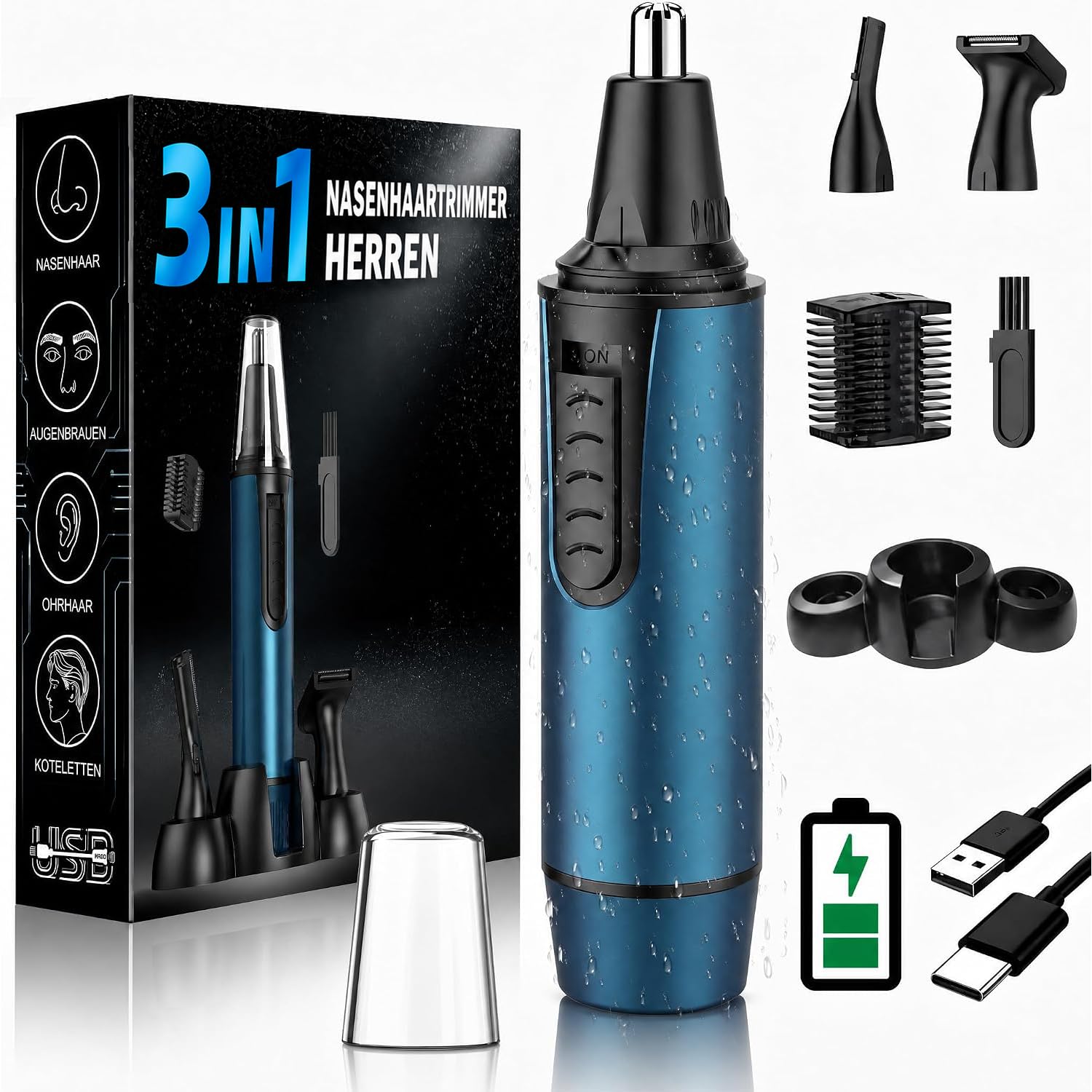 Nasenhaartrimmer Herren, USB Wiederaufladbar Nasenhaarschneider 3 in 1 Set Ohrhaarschneider mit Doppelschneideklingen, Schmerzfreier Augenbrauen und esichtshaartrimmer für Männer und Frauen