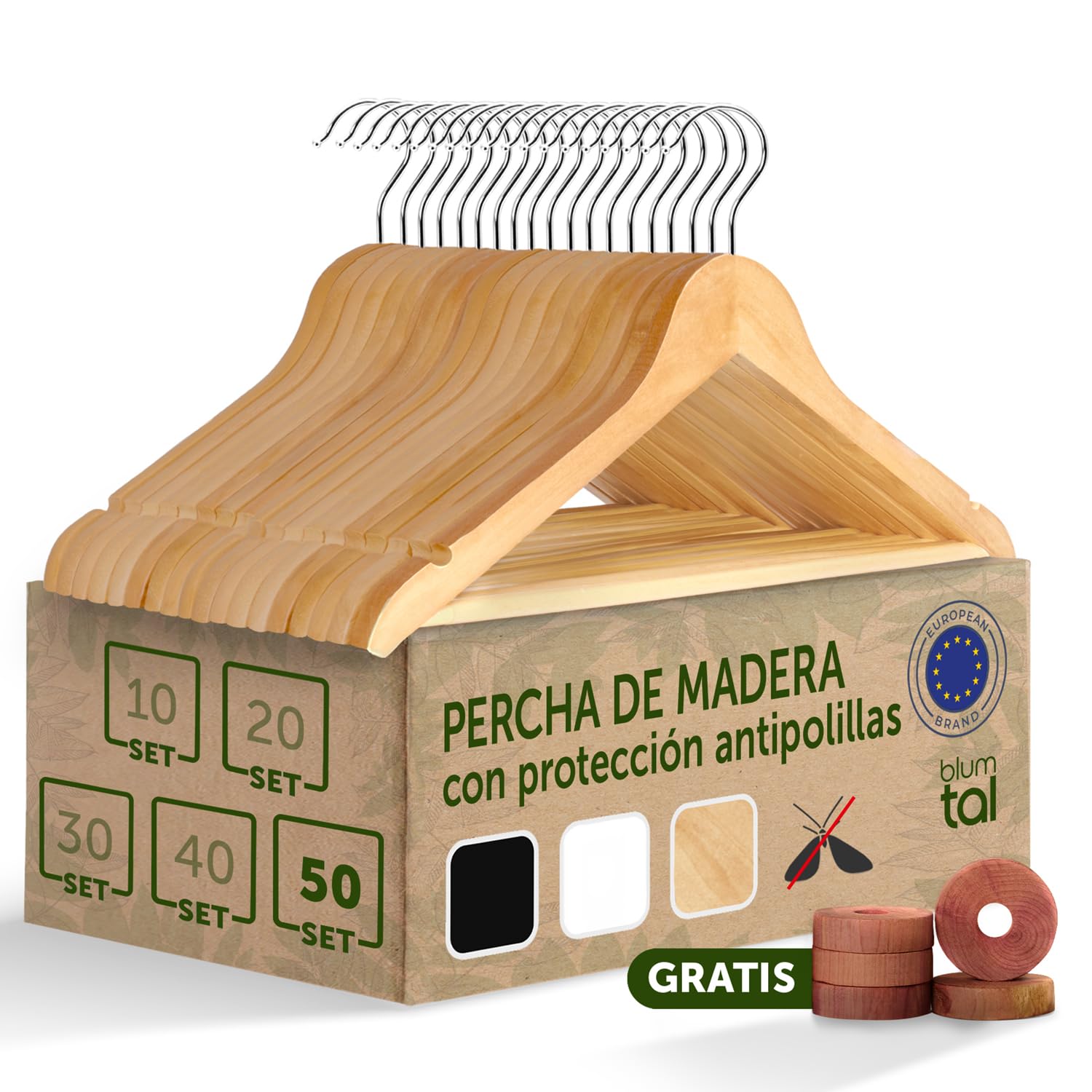 Blumtal Perchas de Madera 50 Unidades – Gancho Giratorio 360°, Barra para Pantalones y Ranuras Antideslizantes – Madera Maciza – Natural